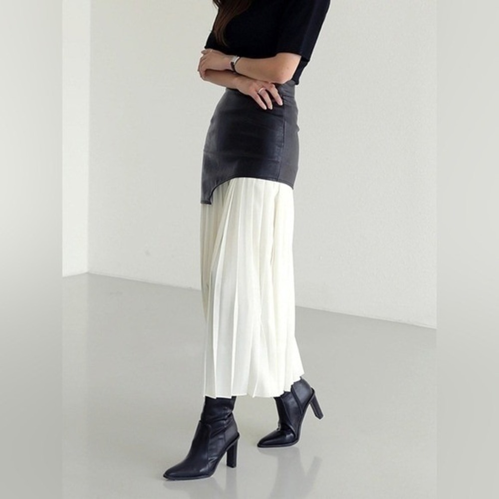 Commense Asymmetric Patchwork Faux Leather & Chiffon Pleated Maxi Skirt L NEW - Picture 6 of 14